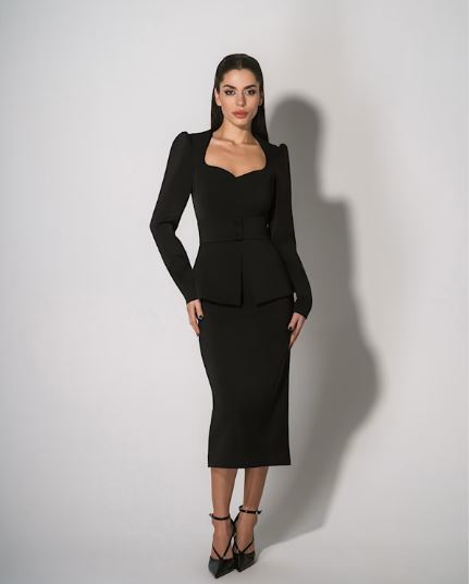 fitted blouse & pencil skirt set black