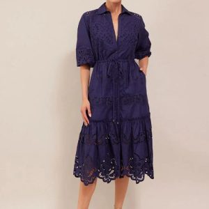hutton dress navy embroidered eyelet