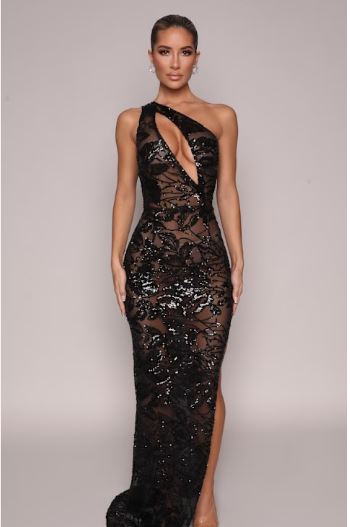 goddess cutout sheer sequin gown black