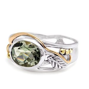 green amethyst silver ring with leaf design