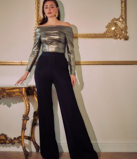 melody maker gold metallic ruche jumpsuit