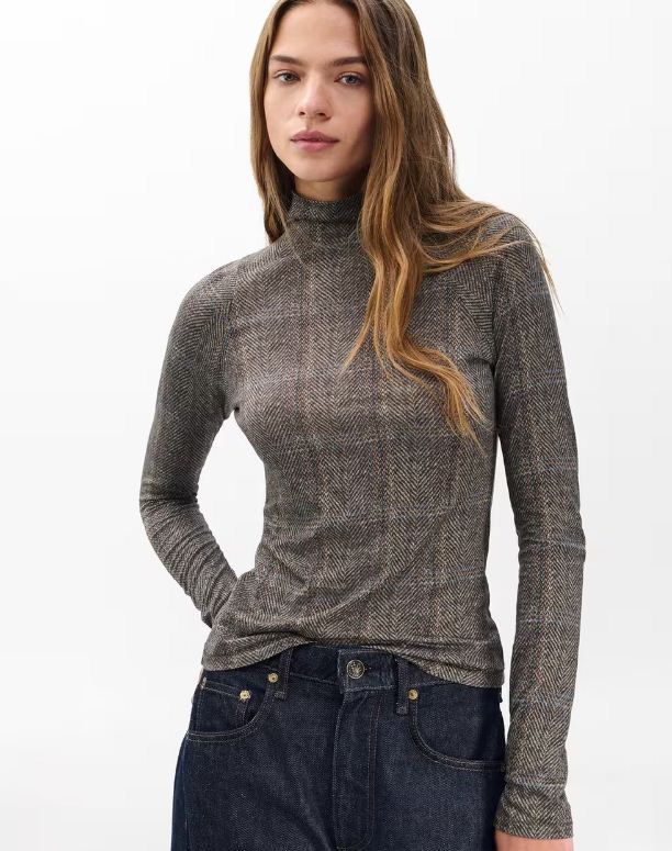 shawl plaid turtleneck tee brown multi