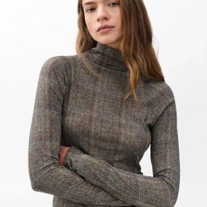 shawl plaid turtleneck tee brown multi