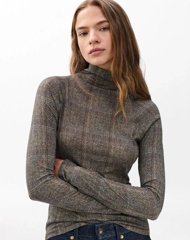 shawl plaid turtleneck tee brown multi