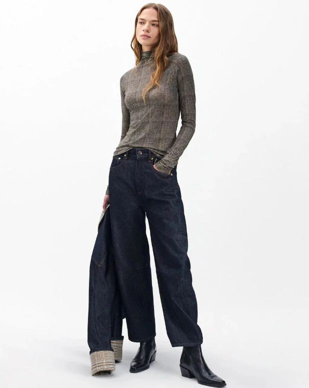 shawl plaid turtleneck tee brown multi