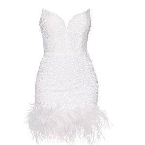 ziva strapless sequin mini dress w/ feather trim white