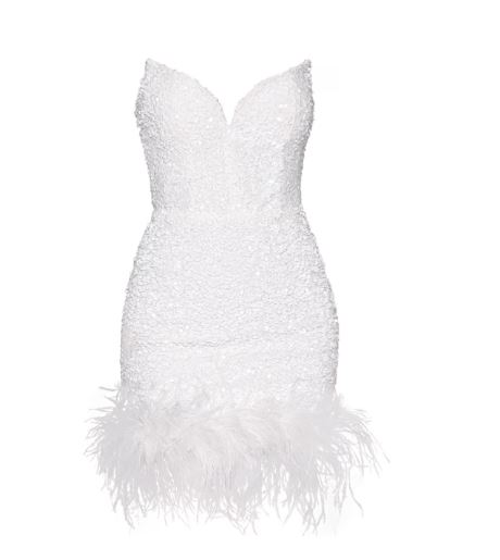 ziva strapless sequin mini dress w/ feather trim white