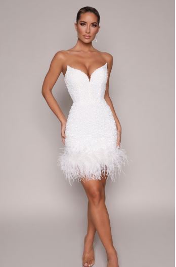 ziva strapless sequin mini dress w/ feather trim white