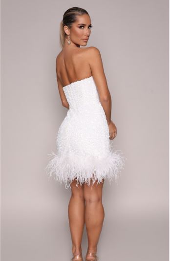 ziva strapless sequin mini dress w/ feather trim white
